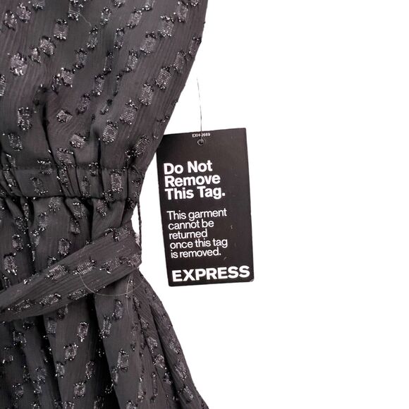 Express Metallic Halter Dress M Black Sparkle Fit Flare Belted Party Evening NEW - Picture 15 of 16